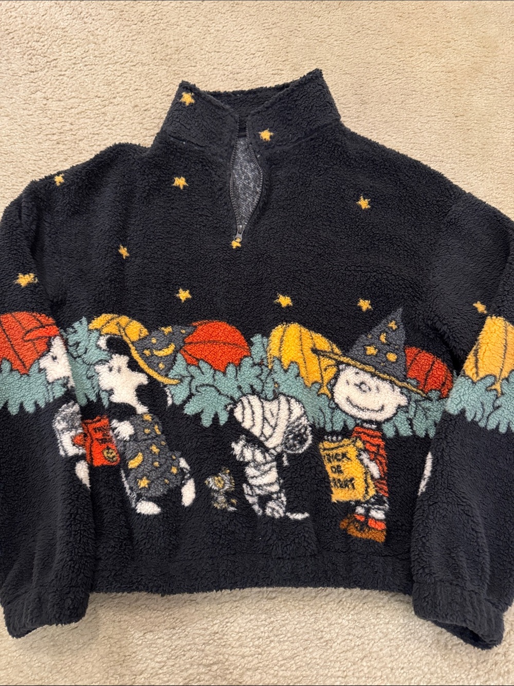 Peanuts Black Zip-Up Sherpa Sweater with Halloween Graphic